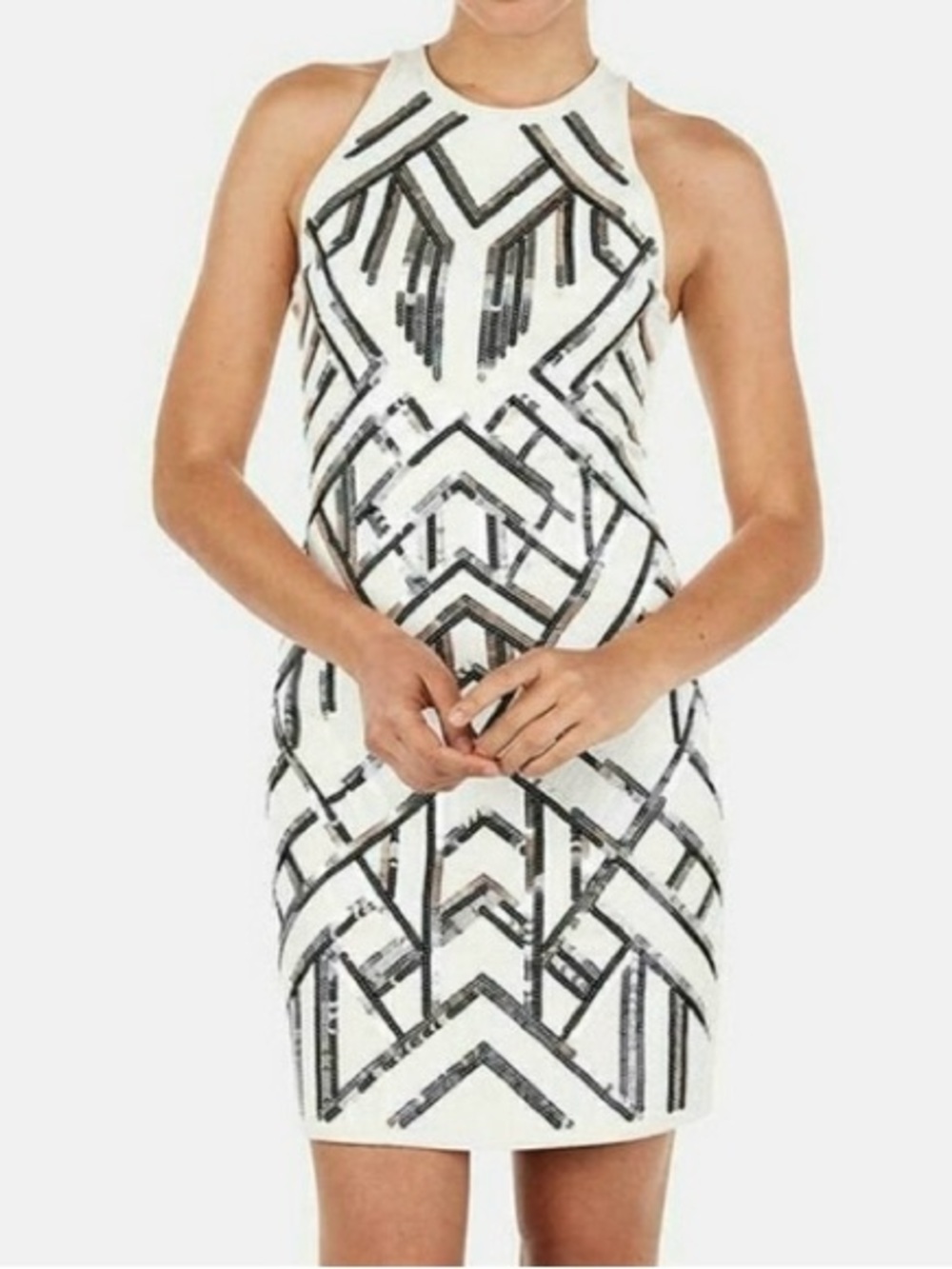 Express White Mini Dress with Black Sequin Geo Details